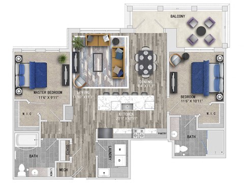 2BA Floor Plan at The Apartments at St. Marys, Raleigh, NC, 27605